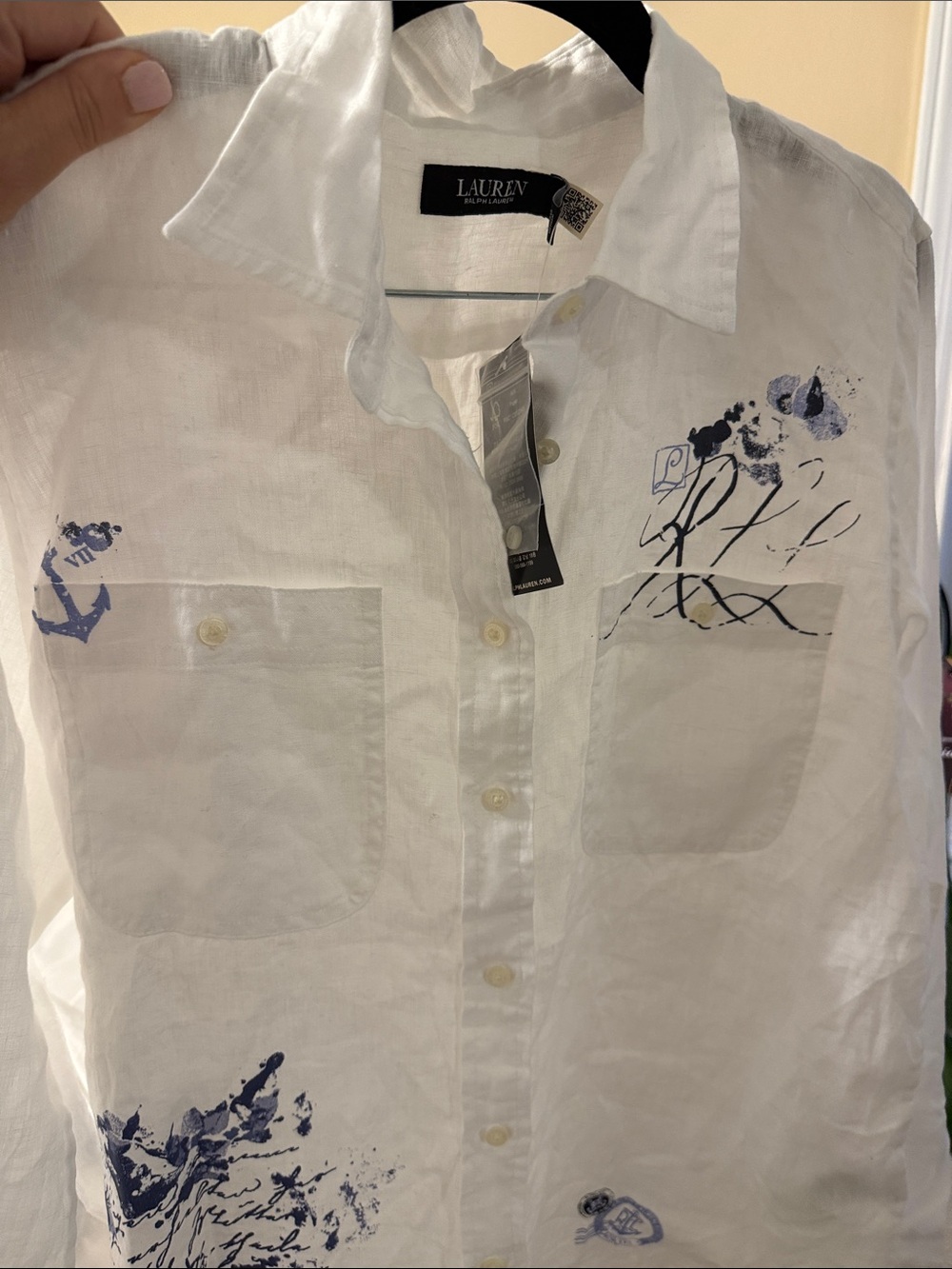 Lauren Ralph Lauren White Linen Shirt with Blue Script and Paint Accents - Picture 7 of 7